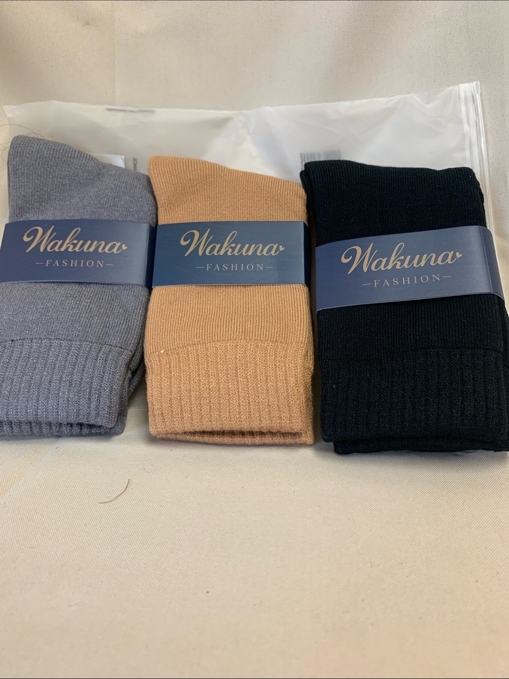 NWT Wakuna Fashion Ribbed Crew Socks - 3Pair Bundle (Black/Tan/Grey)